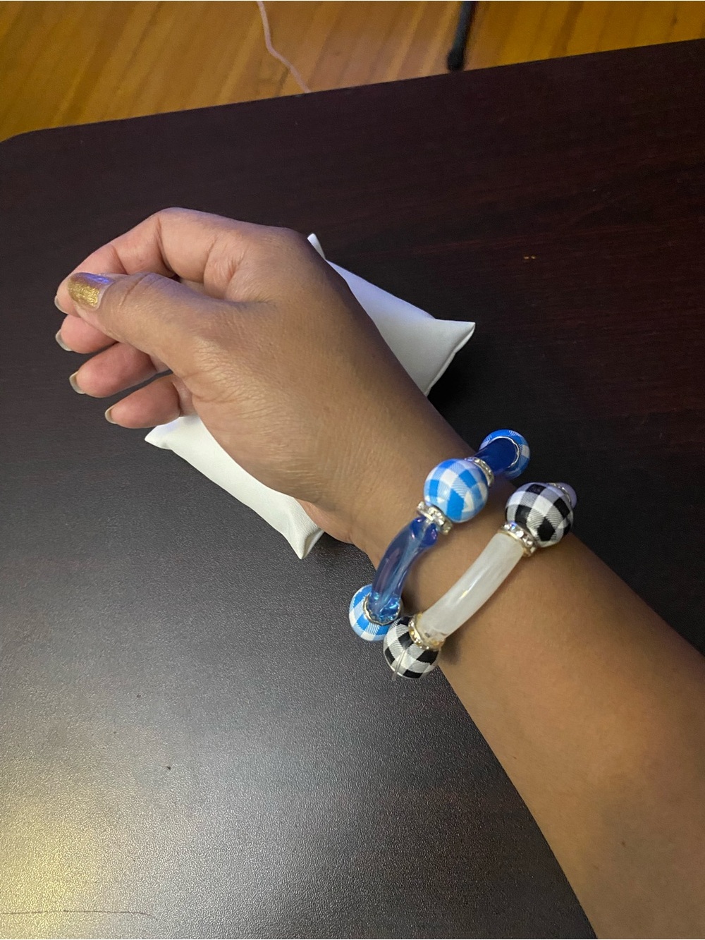 Blue & Black Check Stretch Bracelet Pair - Stylish Women’s Beaded Set